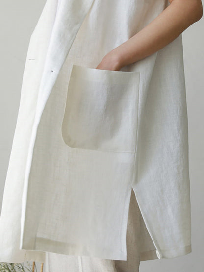 Simple Solid Color Split-Joint With Pocket Linen Notched Collar Vest Outwear