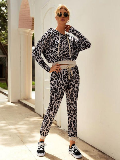 Leopard Drawstring Hoodie&Pants Suits