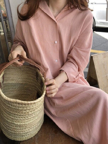 Simple Loose Casual Solid Color Buttoned Split-Side Lapel Collar Long Sleeves Midi Shirt Dress