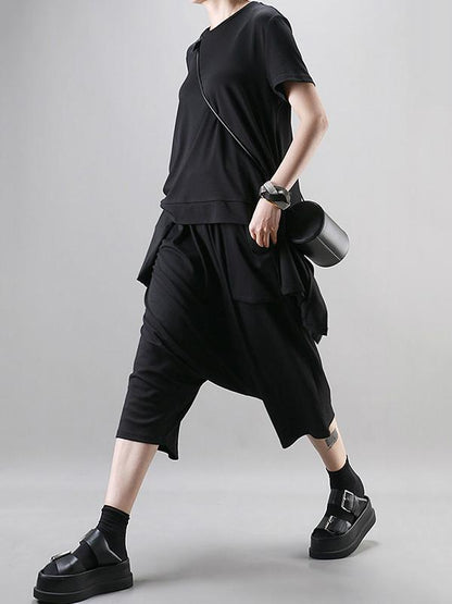 Simple Black Large Pockets Harem Pants