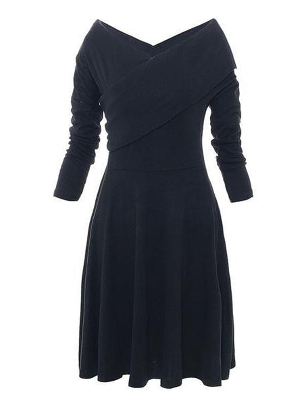 Vintage Solid V-Neck Long Sleeves Midi Dresses