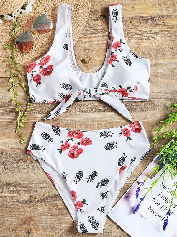 Knotting High Waist Printed Bikinis Swimwear