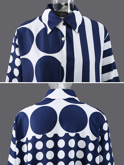 Original Striped Polka-Dot Split-Joint Buttoned Lapel Collar Long Sleeves Midi Shirt Dress