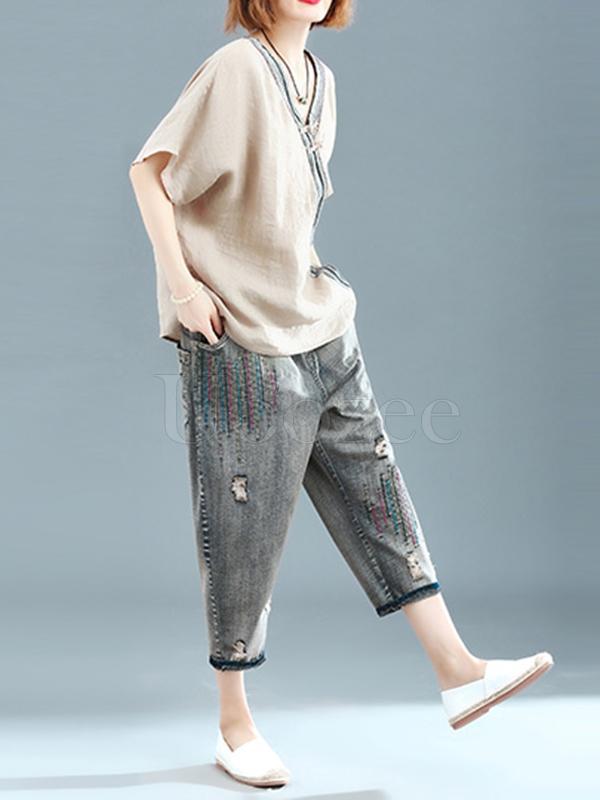 Loose Linen Frog V-neck T-shirt