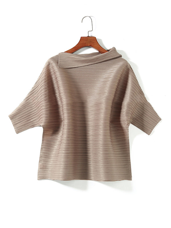 Original Pleated Solid Color Lapel Collar T-Shirt Top