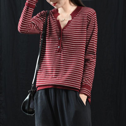 Buykud V-Neck Striped Long Sleeve Casual Blouse