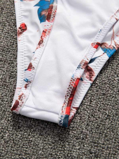 Printed Strapless Short Sleeves Split Bikini Swimsuit