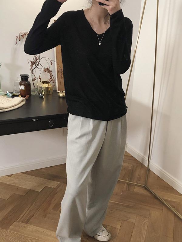 V-neck Knitting Loose Solid Shirt Top
