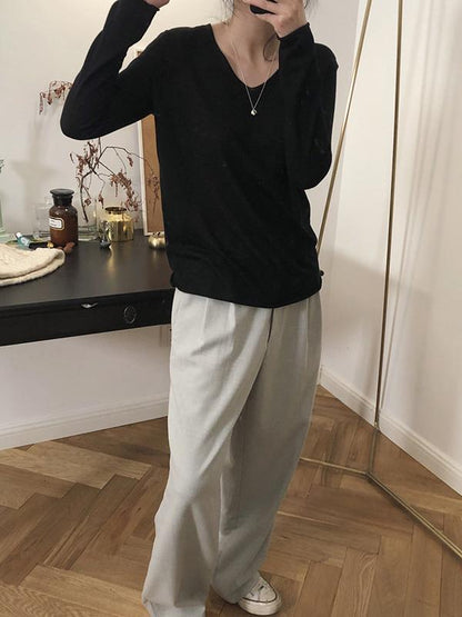 V-neck Knitting Loose Solid Shirt Top