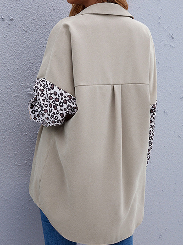 Casual Split-Joint Leopard Buttoned Lapel Collar Long Sleeves Blouse Outwear