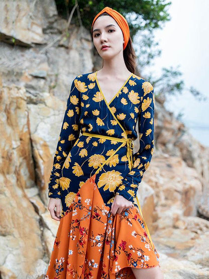 Asymmetric Long Sleeves Bohemia Wrap Dress