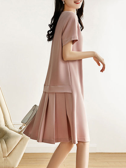 Simple Solid Color H-Line Back-Zipper Round-Neck Midi Dress