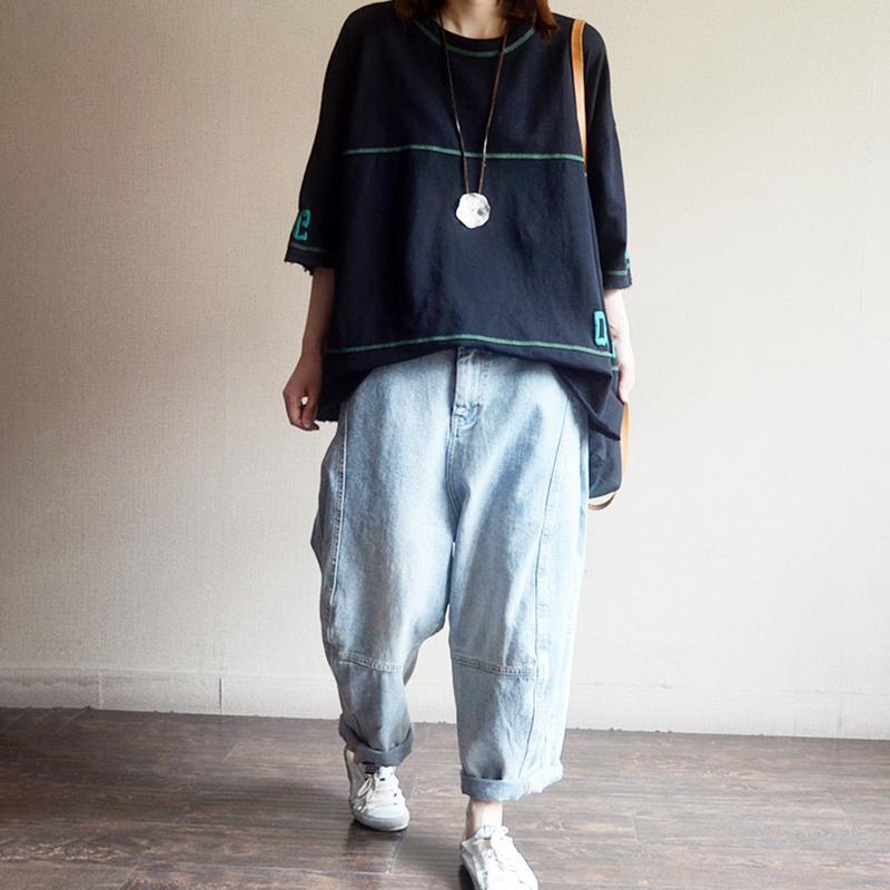 Cotton Round Neck Spliced Letter Casual Blouse