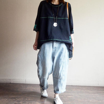 Cotton Round Neck Spliced Letter Casual Blouse