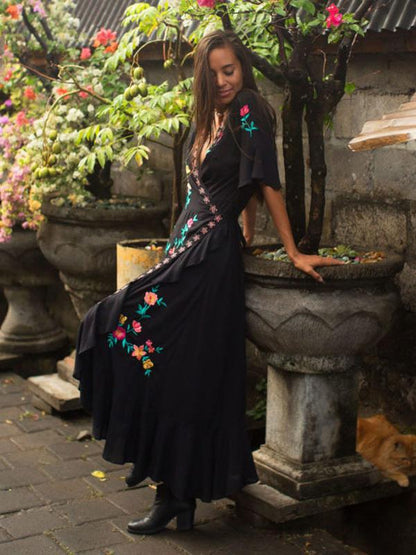 Embroidered V-neck Lace-up Dress