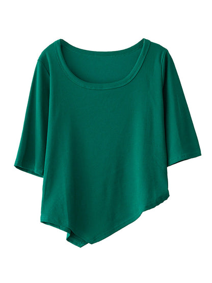 Simple Asymmetric Irregular Clipping Round-Neck Short Sleeves T-Shirt