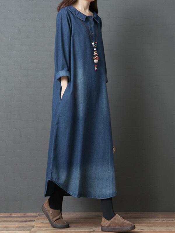 Plus Size Loose Denim Shirt Maxi Dresses