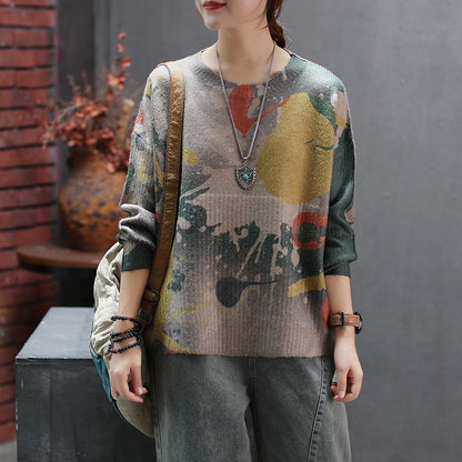 Printed Round Collar Autumn Winter Loose Sweater