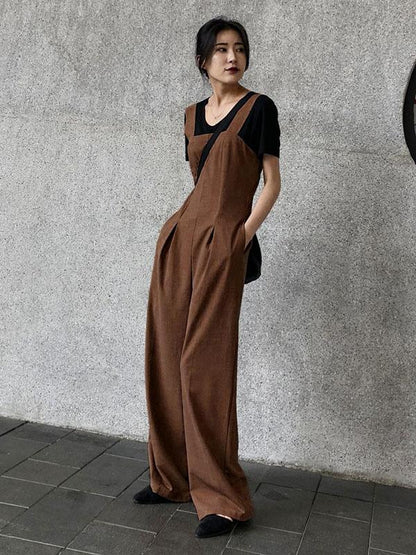 Coffee Straps Long Pants Jumpsuits