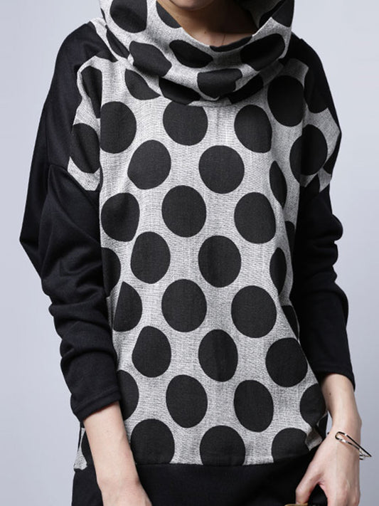Original Loose Polka-Dot Split-Joint Heaps Collar Long Sleeves T-Shirt Tops