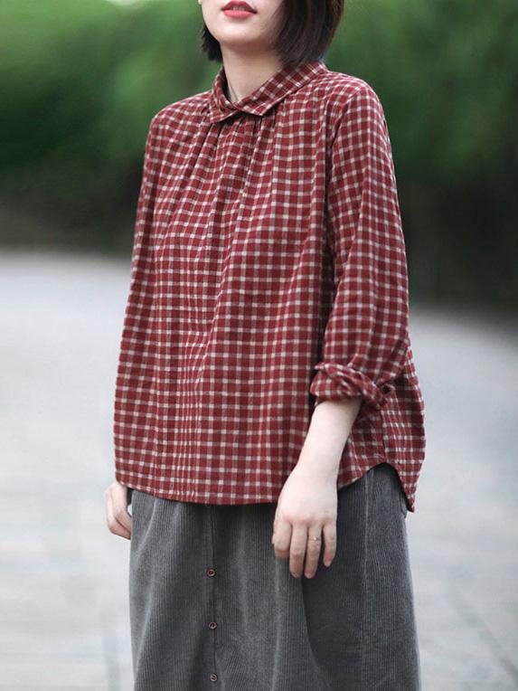 Linen Back-button Plaid Loose Blouse Top