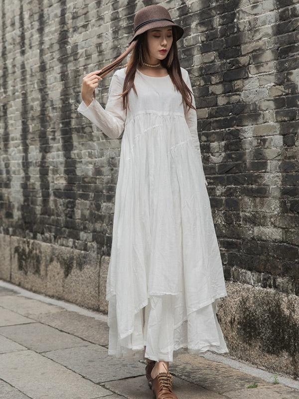 Cotton Solid Split-joint Ramie Cotton Big Hemline Long Dress