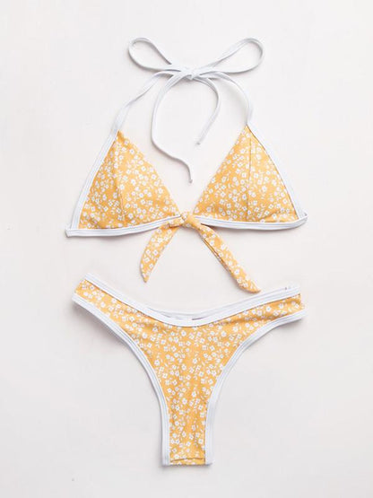 Sexy Spaghetti-Neck  Bandage  Little Flower Split Type Bikini Swimsuit