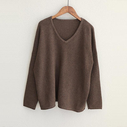 Buykud V-Neck Loose Curling Literary Casual Sweater