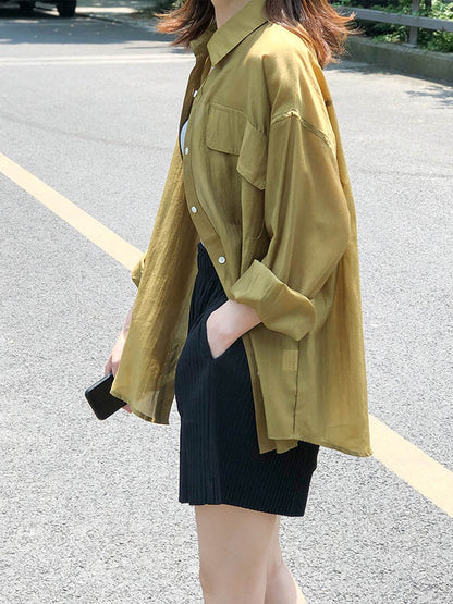 Casual Loose Solid Color Lapel Collar Long Sleeves Shirts