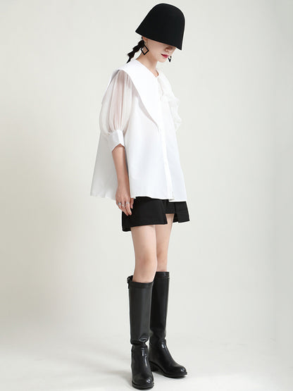 Stylish Asymmetric Split-Joint Falbala With Belted Half Sleeves Blouses