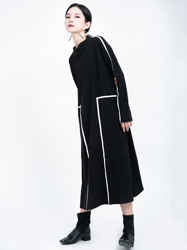 Casual Contrast Color Split-Joint Stand Collar Long Sleeves Midi Dress