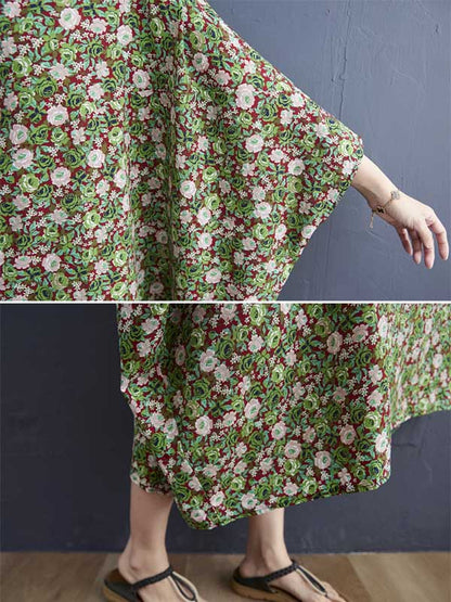 Vintage Loose Floral Printed Round-Neck Batwing Sleeves Midi Dress