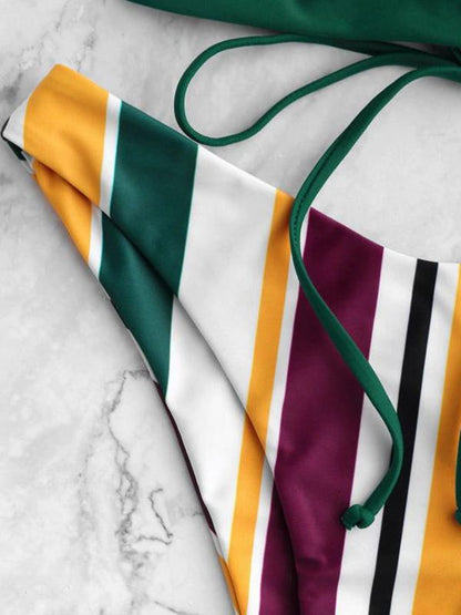 Striped Bandage Backless Split Bikini Swimsuit