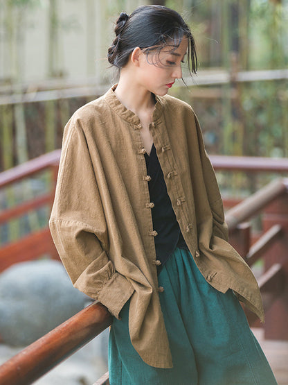 Original Artistic Retro Loose Solid Color Ramie Cotton Blouse Outwear