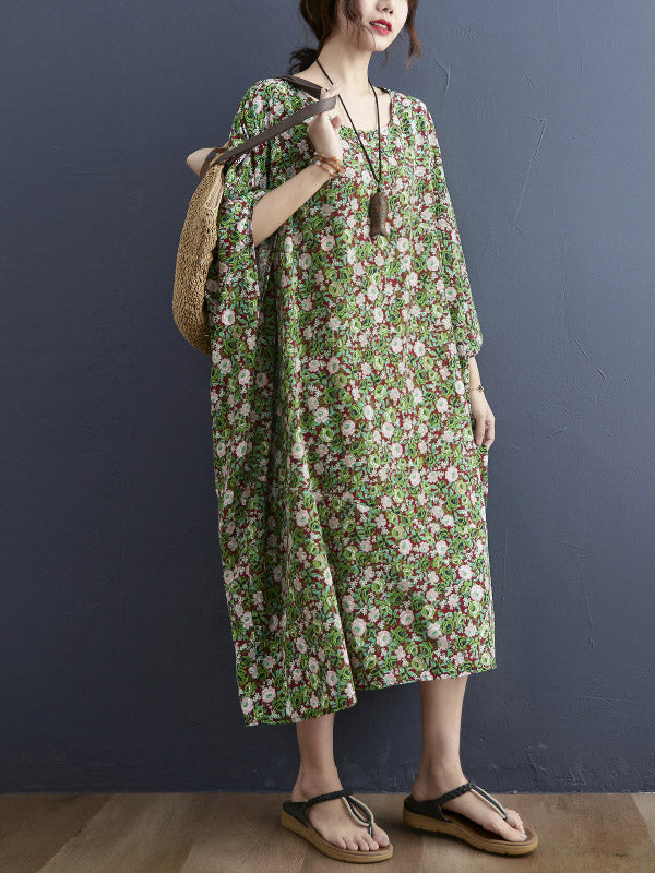 Vintage Loose Floral Printed Round-Neck Batwing Sleeves Midi Dress