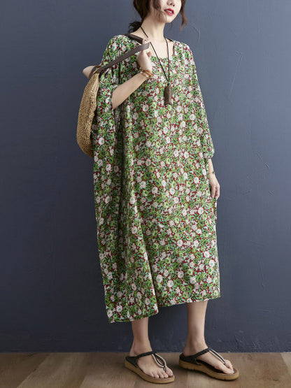Vintage Loose Floral Printed Round-Neck Batwing Sleeves Midi Dress