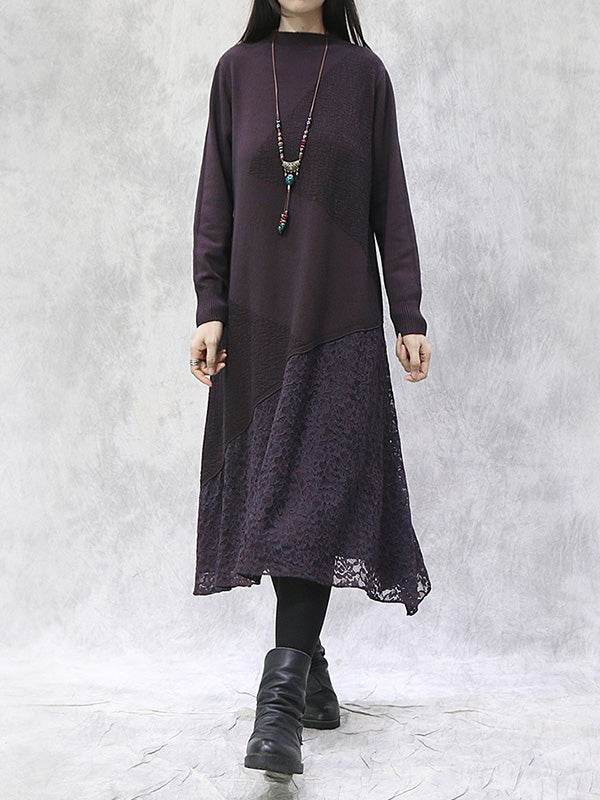 Artistic Retro Solid Color Split-Joint Embroidered Hollow Lace Stand Collar Long Sleeves Knitted Sweater Dress