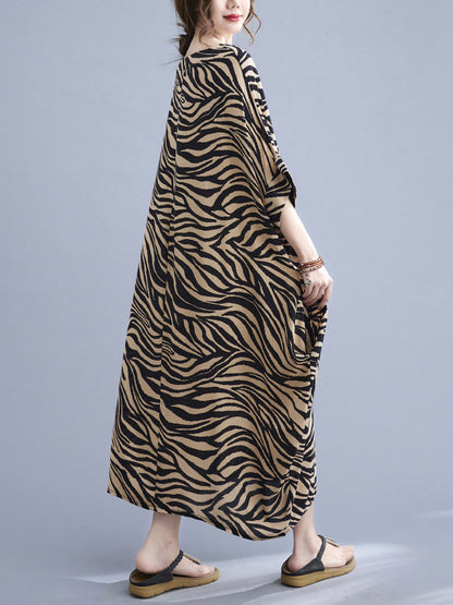 Original Zebra-Stripe Round-Neck Batwing Sleeve Midi Dress