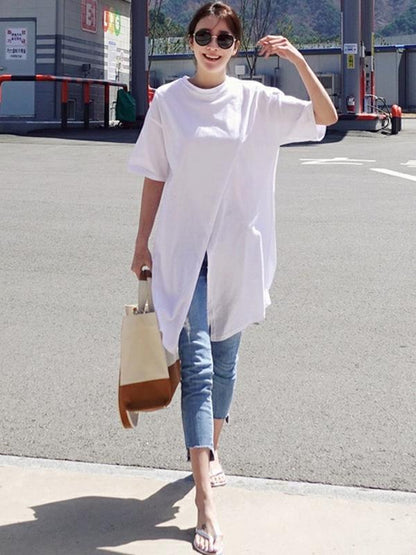 Solid Loose Simple Split-front T-shirt Top