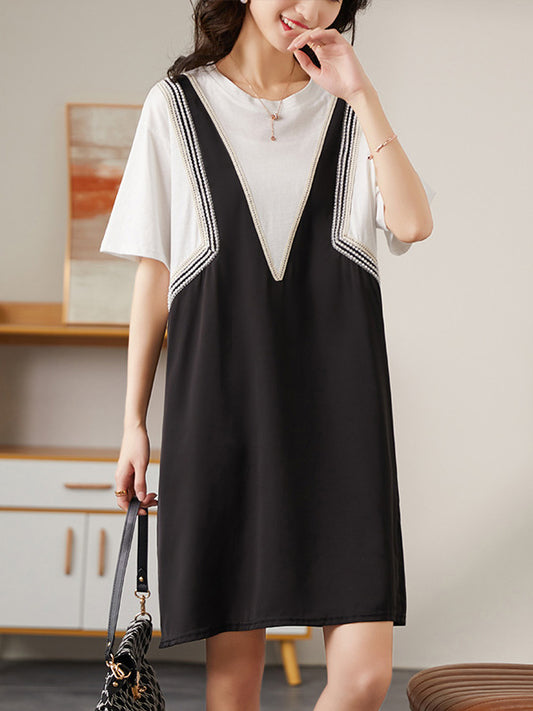 Casual Loose Split-Joint Beaded Round-Neck Half Sleeves False Two Mini Dress