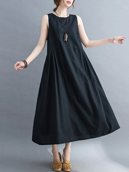 Simple Casual Loose Solid Color Pleated Midi Dress