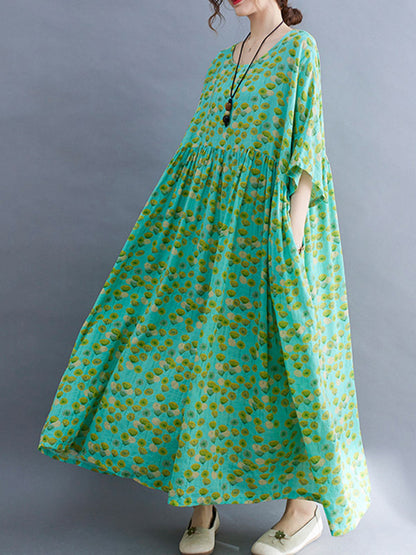 Summer Plant Printing Batwing Sleeves Split-Joint Round-Neck Long Dress