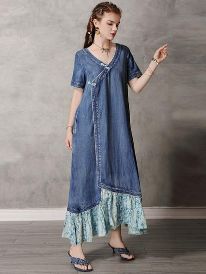 Original Retro Split-joint Cropped Frog Long Dress