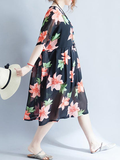 Literary Flower Chiffon Long Dress