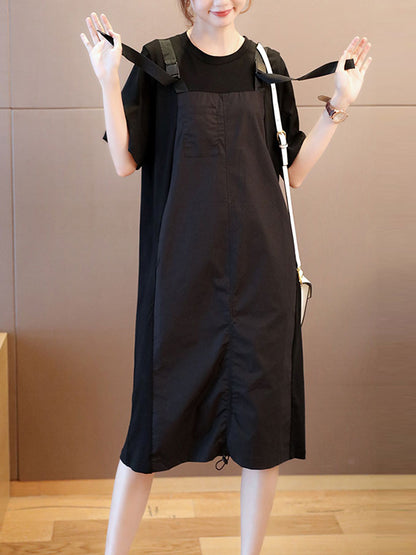 Original Casual Loose Solid Color Split-Joint Round-Neck Half Sleeves False Two Midi Dress