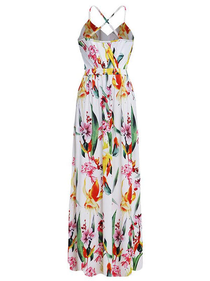 V-neck Backless Floral Printed Maxi Dress