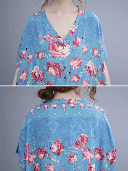 Loose Floral Printed V-Neck Short Sleeves Maxi Dress
