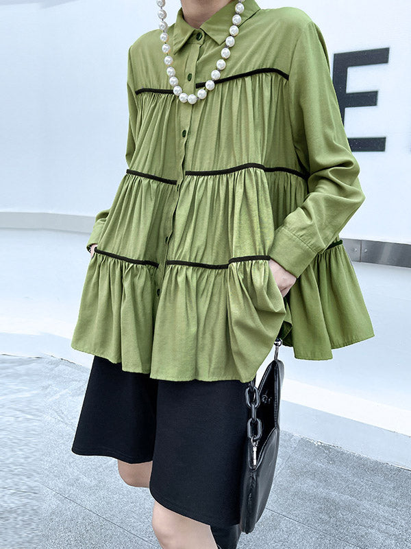 Original Buttoned Pleated Lapel Long Sleeves Blouse Tops