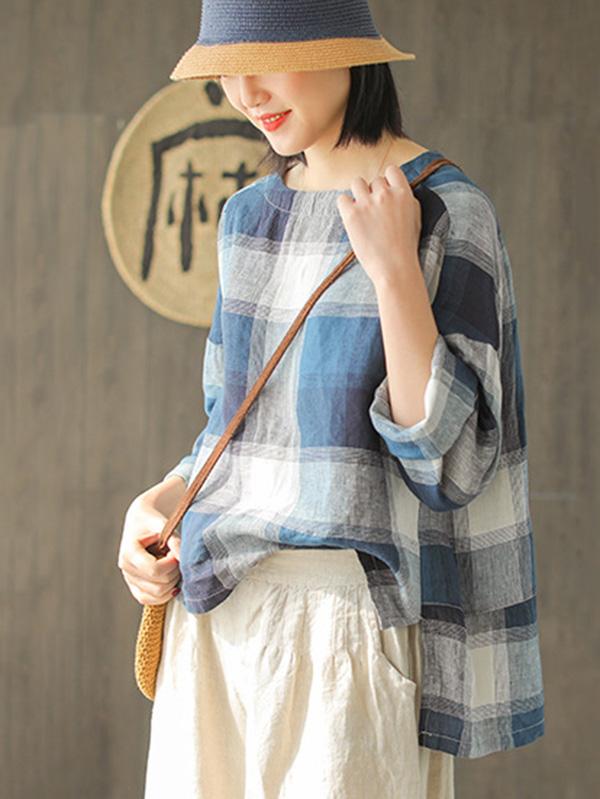 Ramie Cotton Plaid High-low Loose Fresh Shirt Top