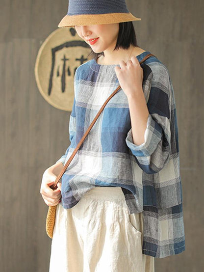 Ramie Cotton Plaid High-low Loose Fresh Shirt Top